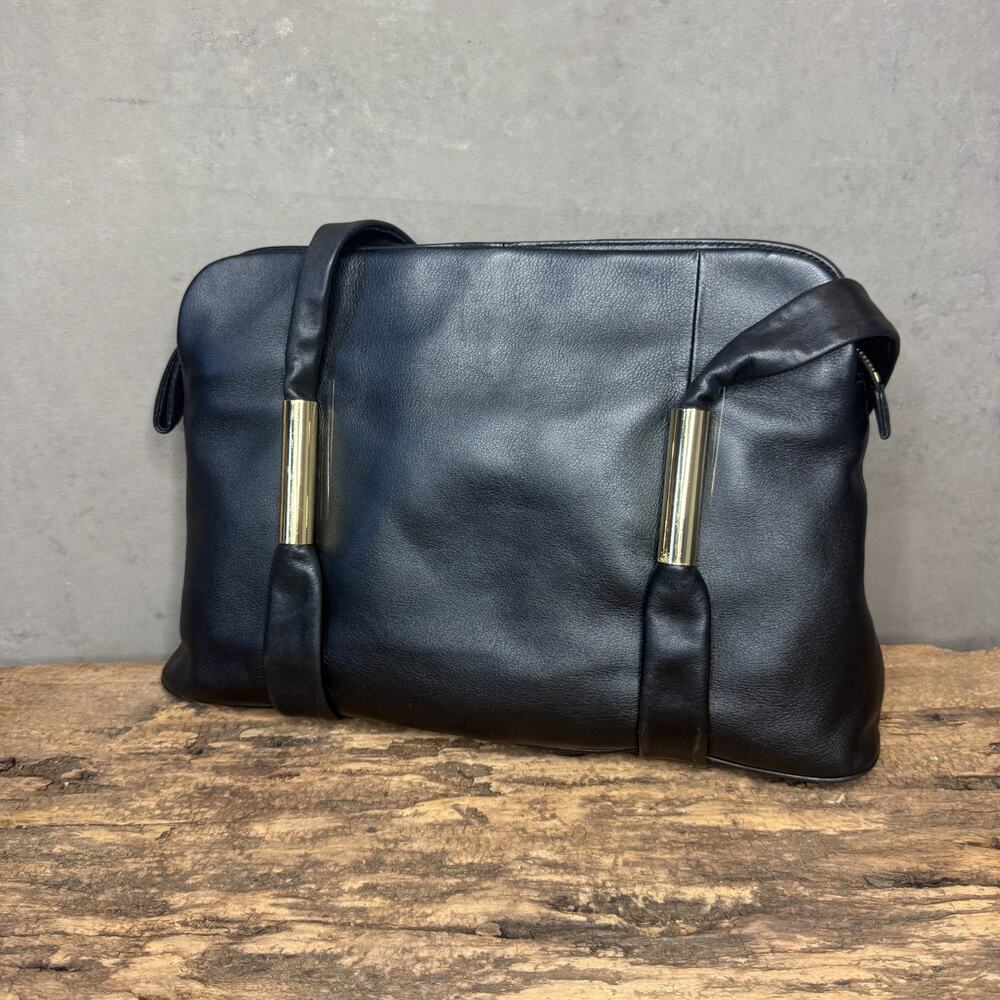 Alexandra Bartlett Black Leather Organizer Shoulder Bag Gold Hardware